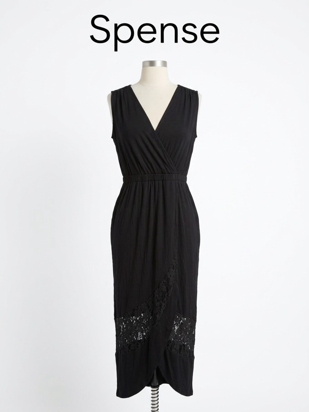 Spense Black Sleeveless V-Neck Lace-Panel Midi Dress 0282